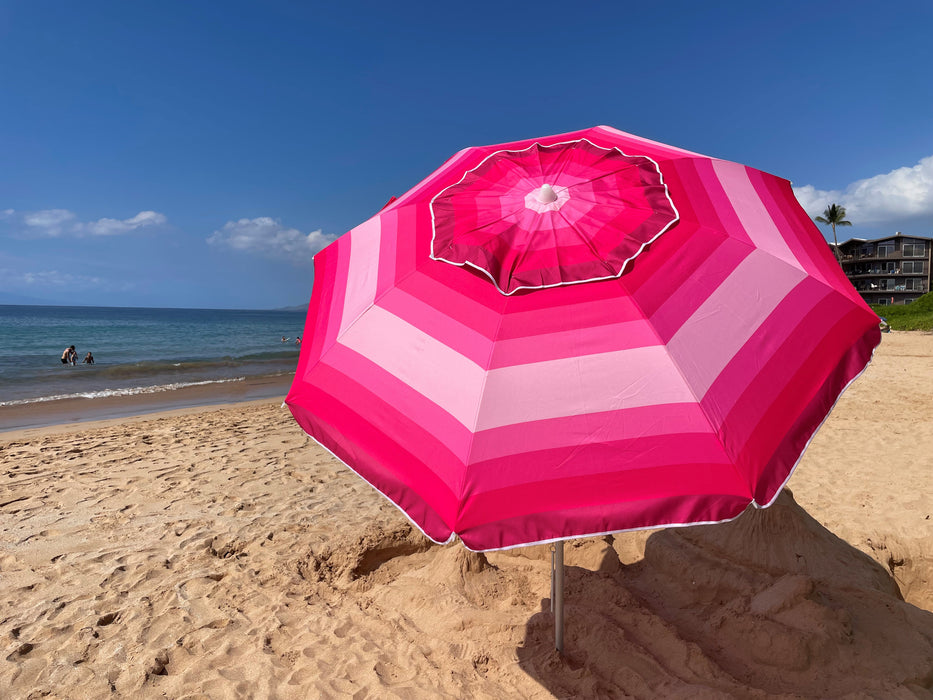 7 ft Wide Striped Pink Beach Umbrella with Travel Bag